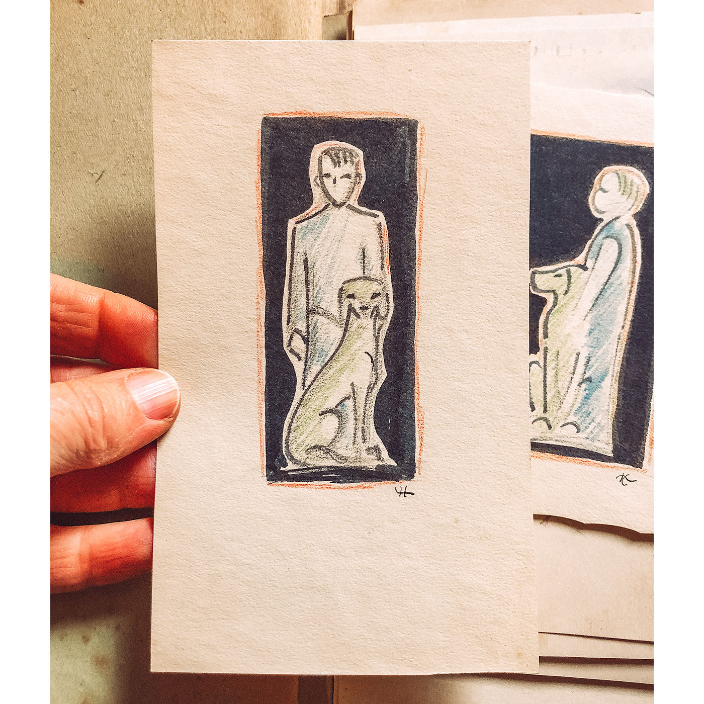 Junge mit Hund, kolorierte Tuschezeichnung von Hedwig Symanzik