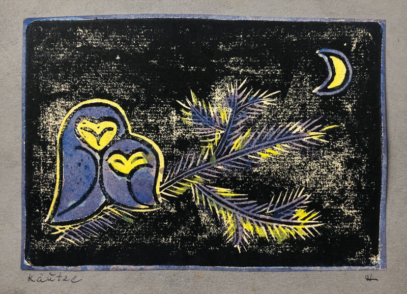 »Käutze« kolorierter Linoldruck von Hedwig Symanzik