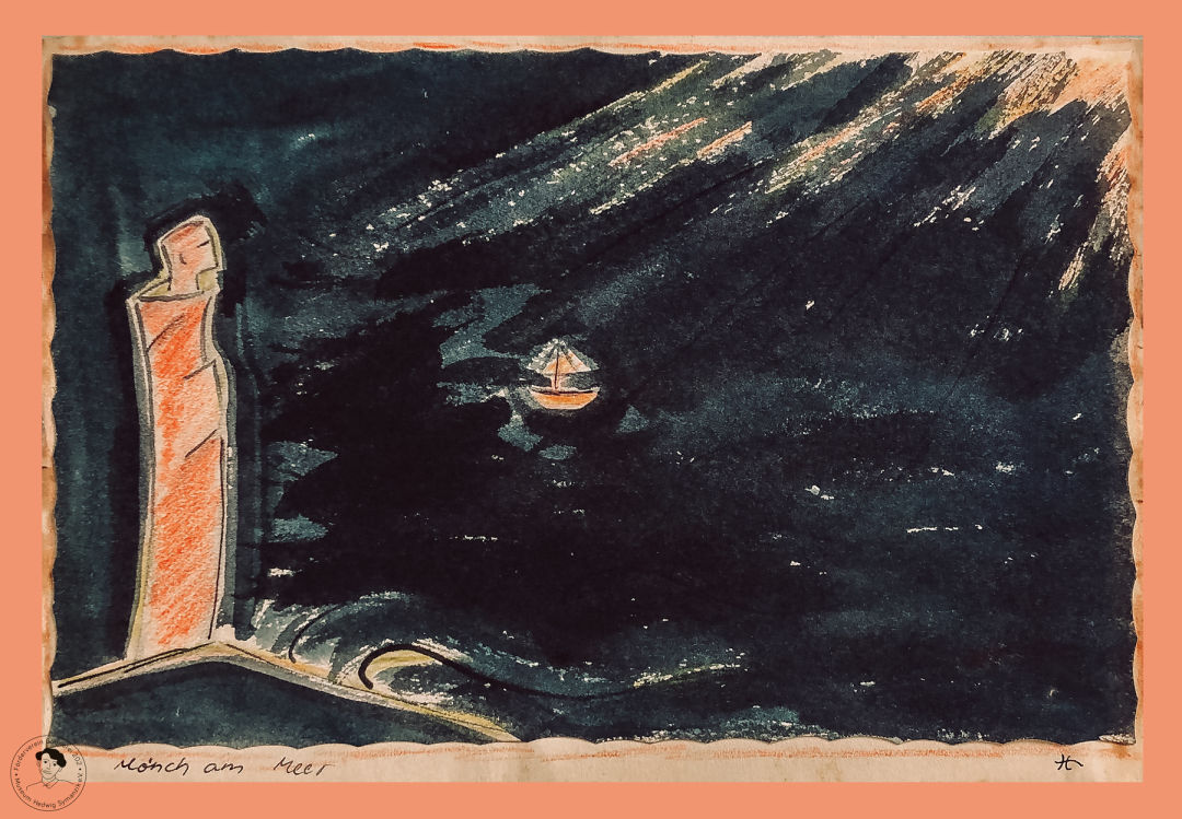»Mönch am Meer« Tuschezeichnung koloriert von Hedwig Symanzik, Beitrag für Europas Künstlerweg
