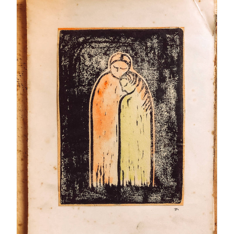 »Innehalten« kolorierter Linoldruck von Hedwig Symanzik