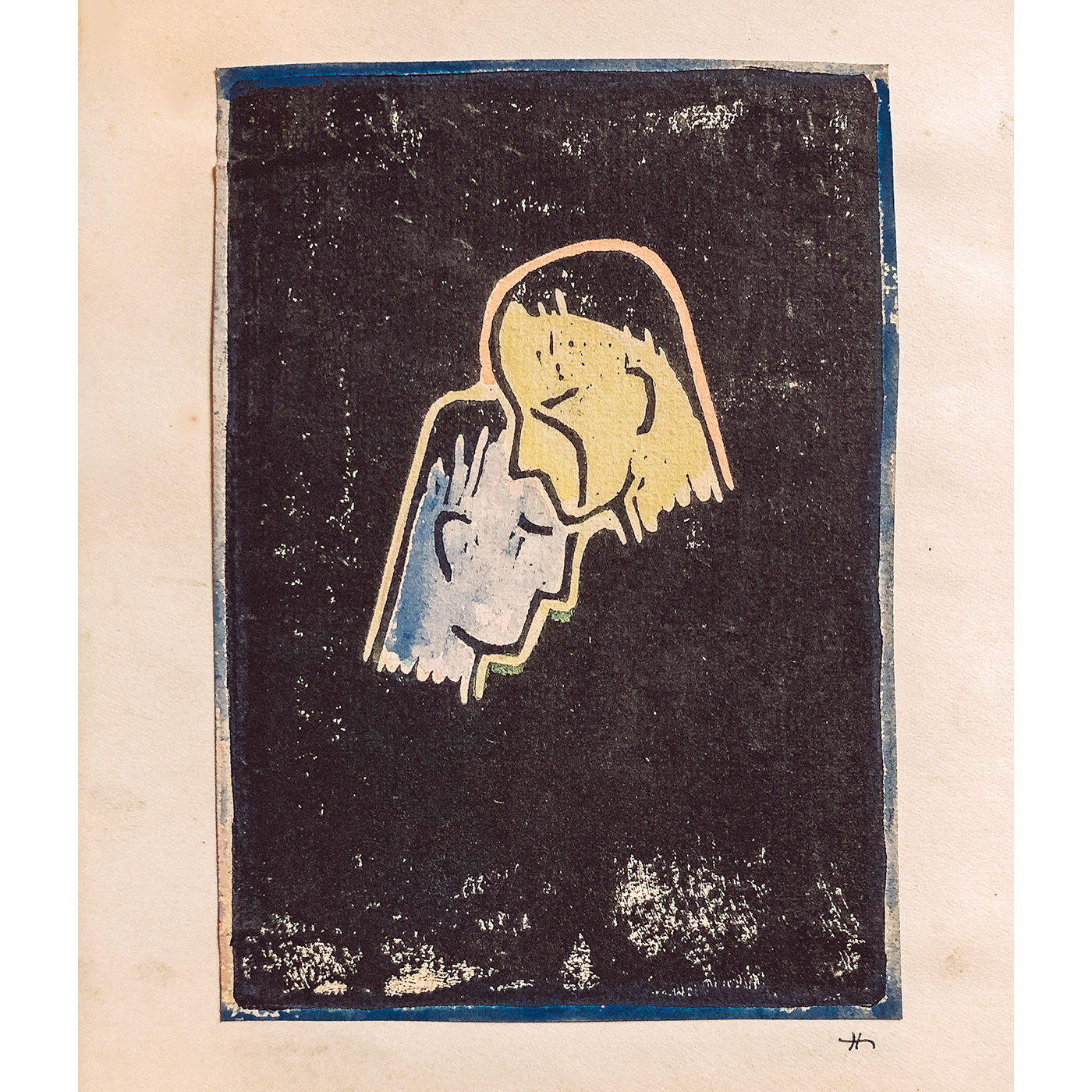 kolorierter Linoldruck Männerköpfe von Hedwig Symanzik